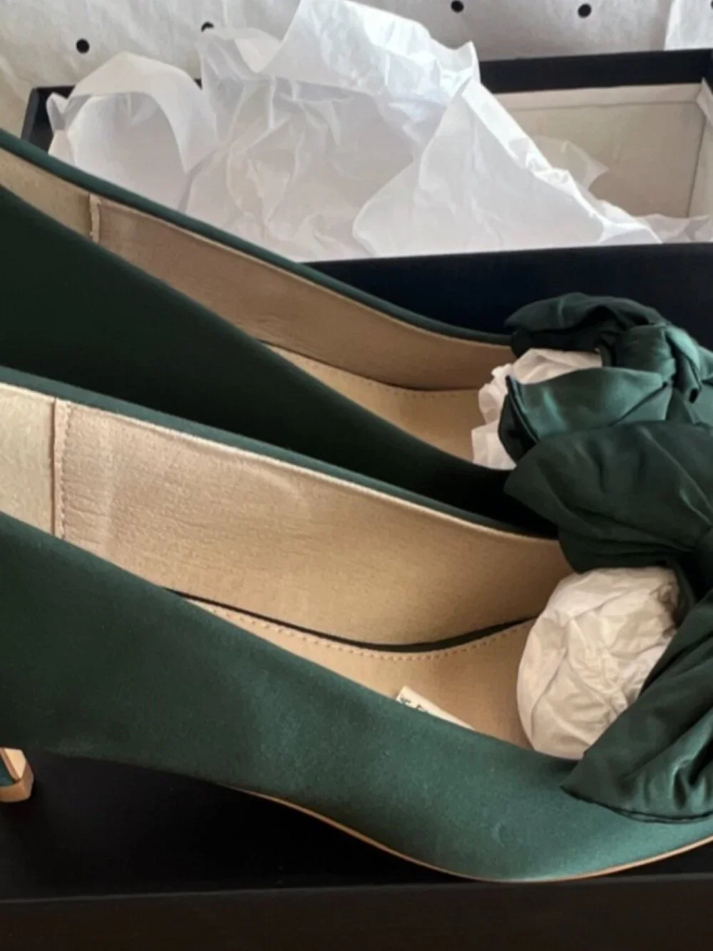 French Connection Emerald Green Bow Satin Kitten Heel Pumps - Picture 3 of 8